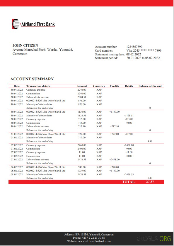 Modèle Word et PDF de relevé bancaire Cameroun Afriland First